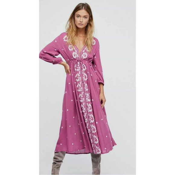 Free People Dresses & Skirts - Free People Women's Raspberry Fable Midi Embroidered Dress Size Medium RARE